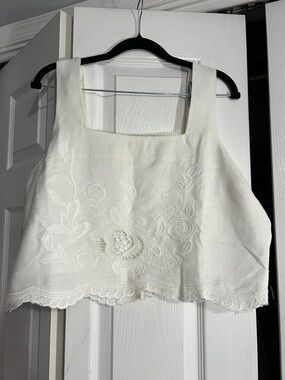 Calypso St. Barth White Embroidered Linen Crop Tank